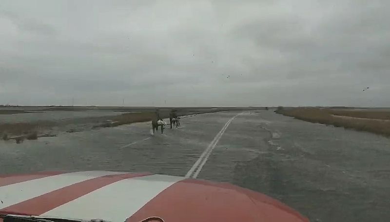 Добраться до Арабатки по затопленной дороге хлебовозке помогли спасатели 